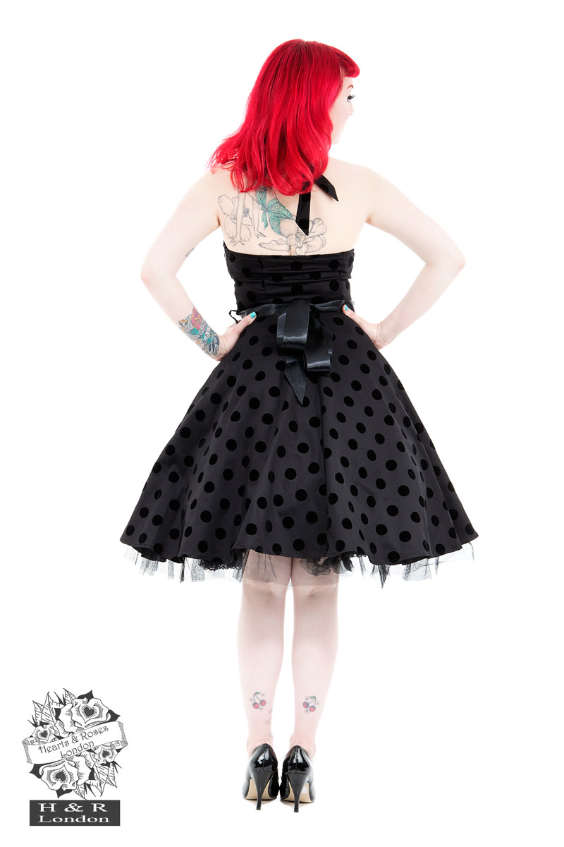 Black Black Flocked Polka Dot Swing Dress